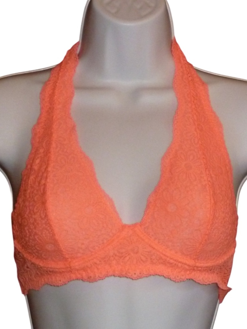 AERIE Peach Coral Orange Halter Bra Bralette, Lace, Underwire Unlined, 34A, New!